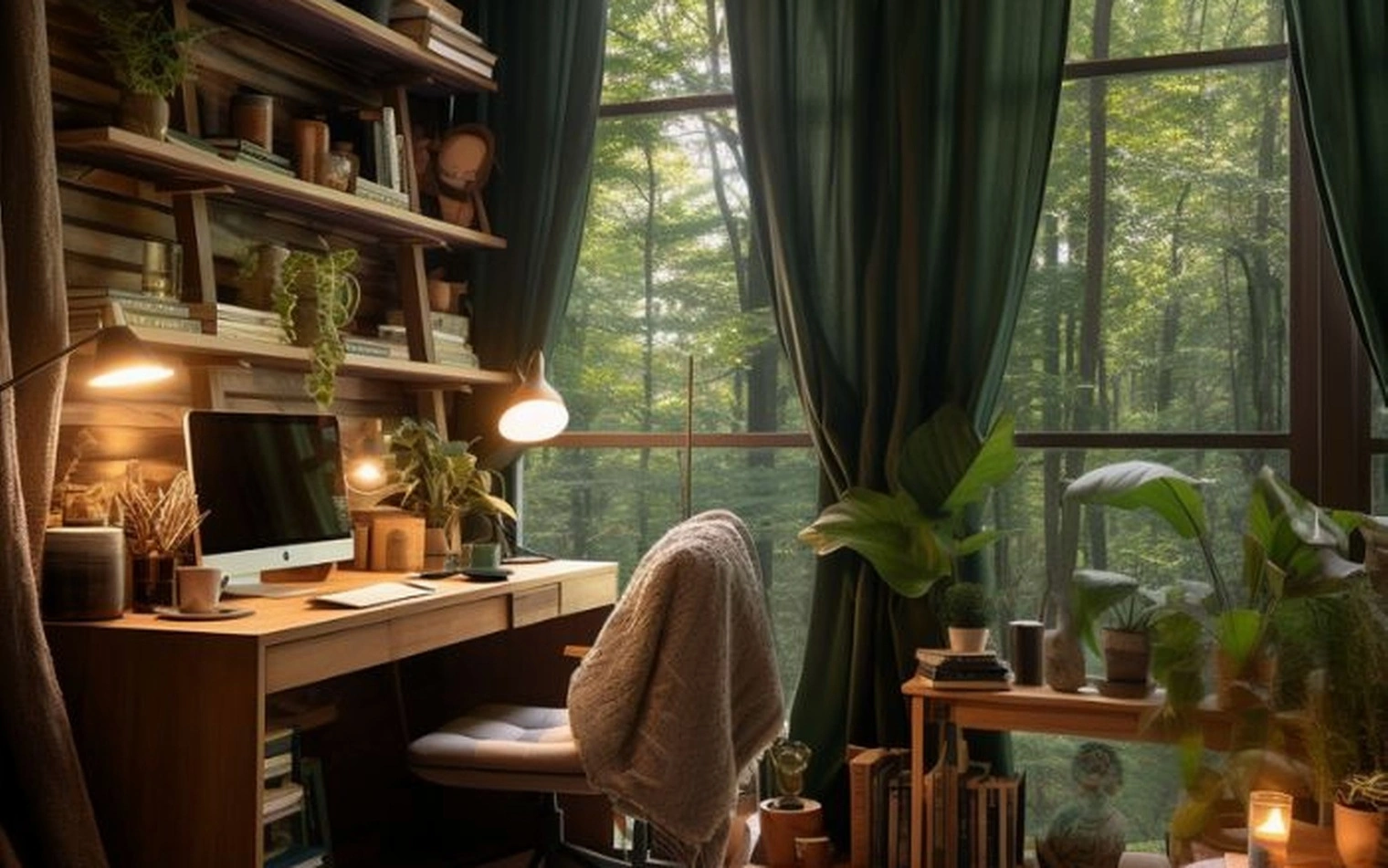 Modern biophilic office workspace with plants